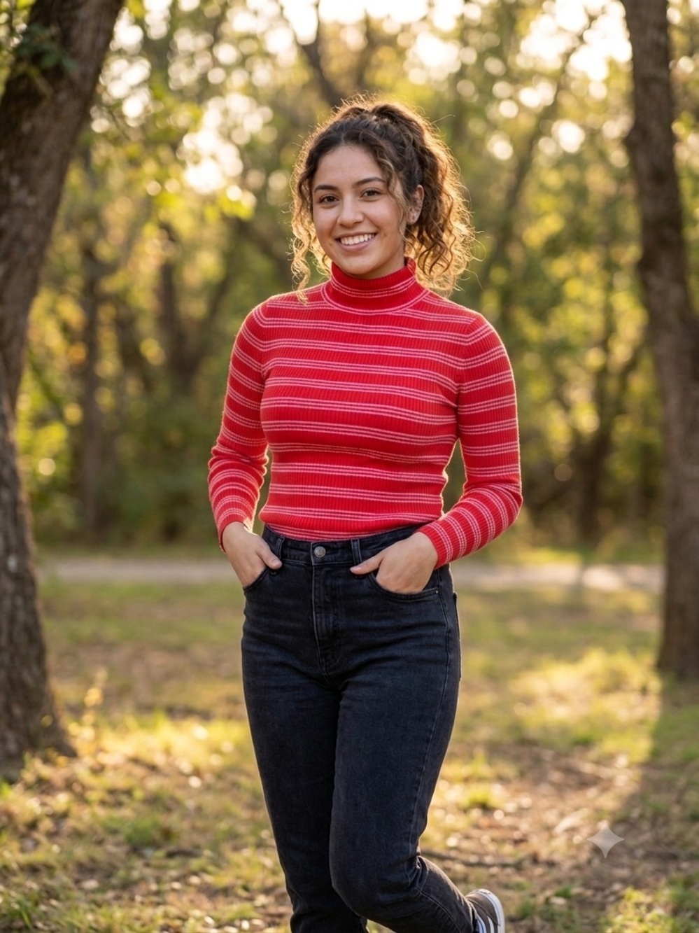 Maeve by Anthropologie Striped Turtleneck Top Size Large Red Pink